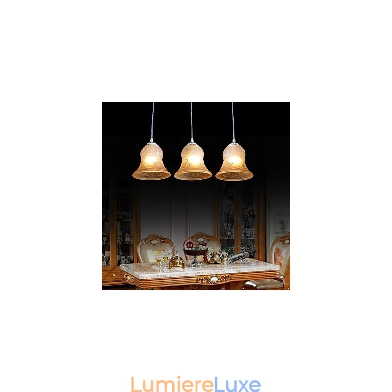 Suspension blanche à trois lumières avec abat-jour en verre doré à la main, style rétro européen classique