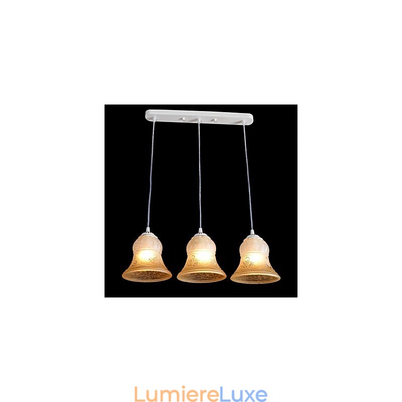 Suspension blanche à trois lumières avec abat-jour en verre doré à la main, style rétro européen classique