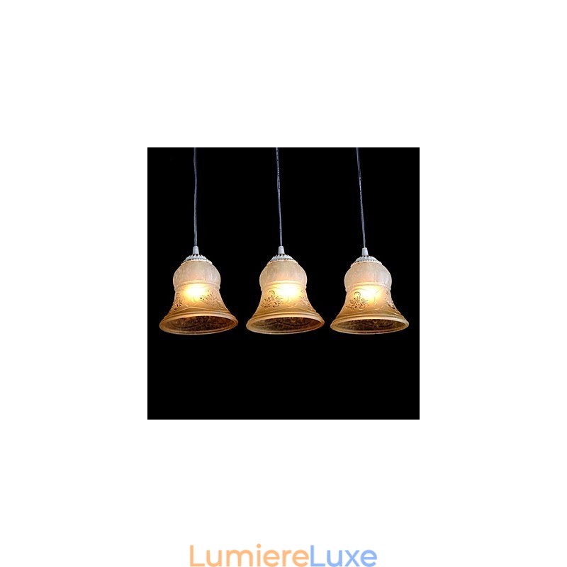 Suspension blanche à trois lumières avec abat-jour en verre doré à la main, style rétro européen classique