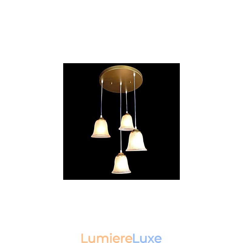 Suspension en bronze à quatre lumières, abat-jour en verre, style rétro européen classique