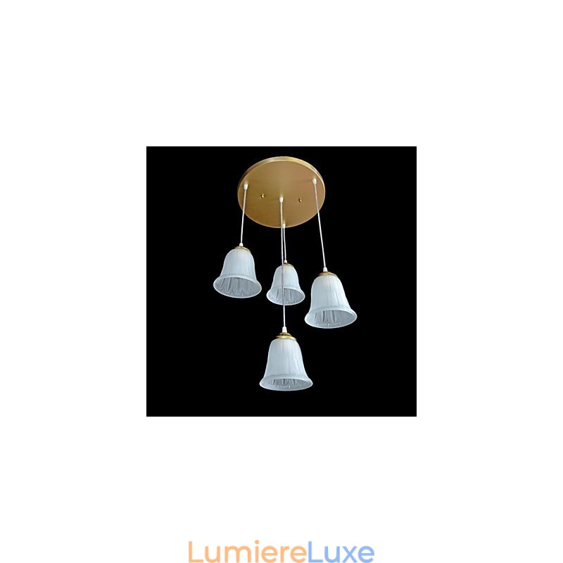 Suspension en bronze à quatre lumières, abat-jour en verre, style rétro européen classique