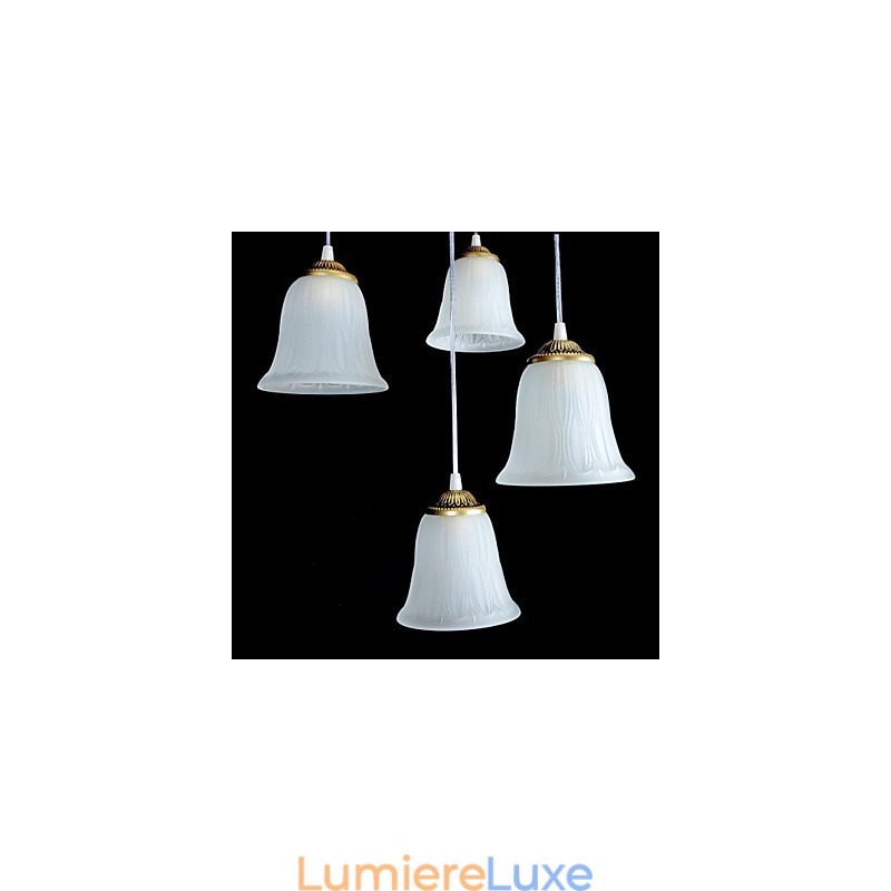 Suspension en bronze à quatre lumières, abat-jour en verre, style rétro européen classique