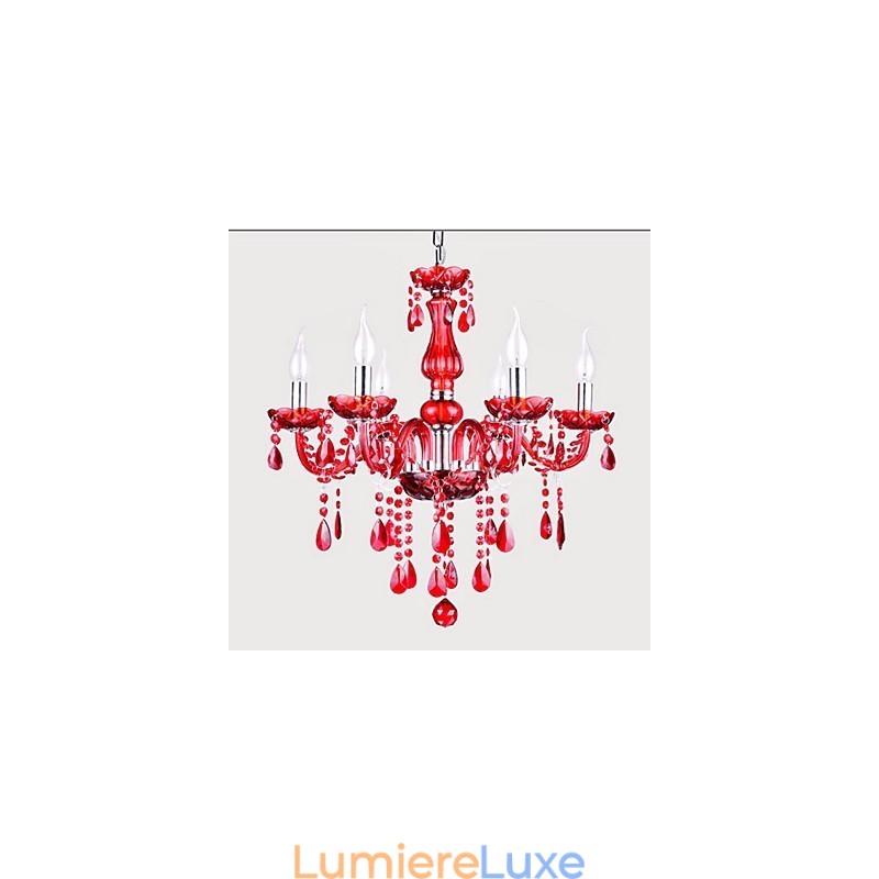 Lustre en cristal rouge de luxe moderne à 6 lumières