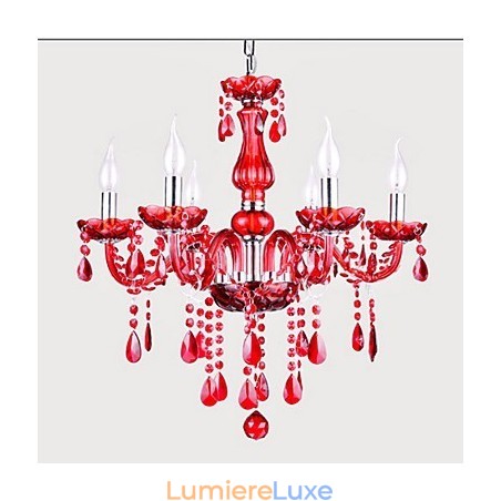 Lustre en cristal rouge de luxe moderne à 6 lumières Lustre en cristal rouge de luxe moderne à 6 lumières