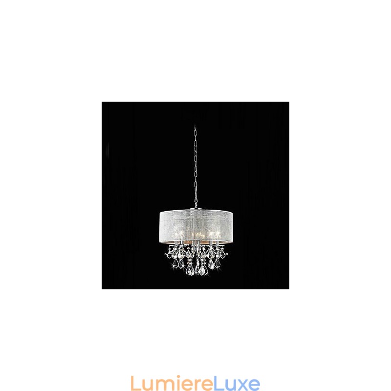 Suspension moderne à 5 lumières en cristal avec abat-jour en tissu