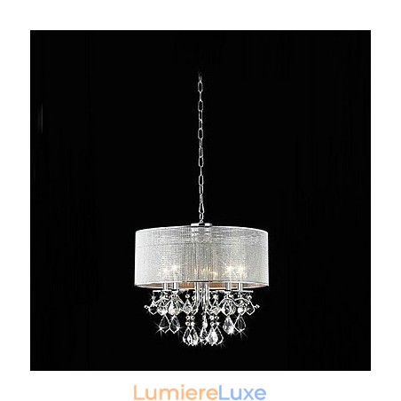 Suspension moderne à 5 lumières en cristal avec abat-jour en tissu Suspension moderne à 5 lumières en cristal avec abat-jour en tissu