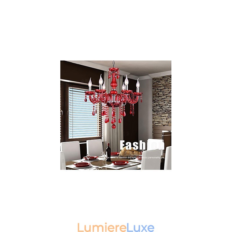 Lustre en cristal rouge de luxe moderne à 6 lumières