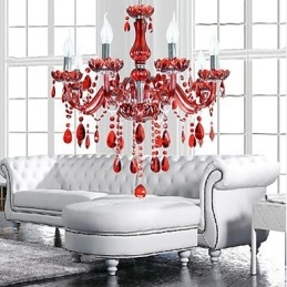 Lustre en cristal rouge de luxe moderne à 6 lumières