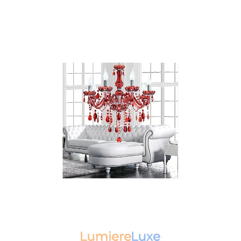 Lustre en cristal rouge de luxe moderne à 6 lumières
