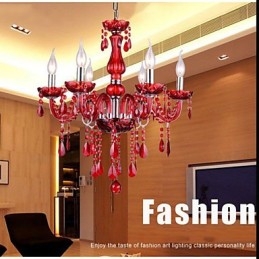 Lustre en cristal rouge de luxe moderne à 6 lumières