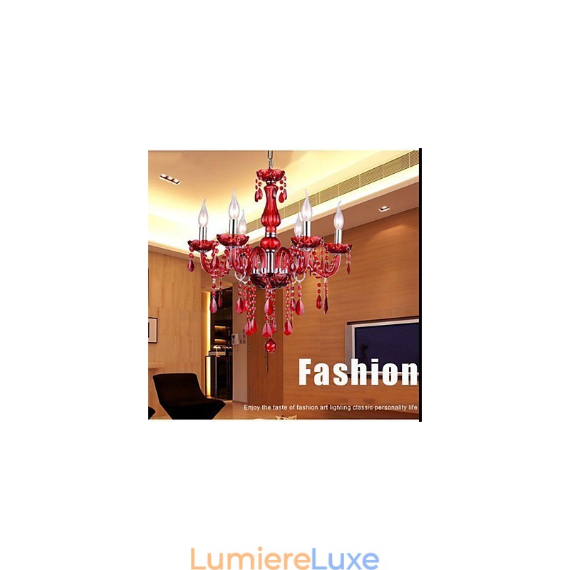 Lustre en cristal rouge de luxe moderne à 6 lumières