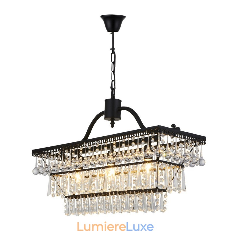 Lustre rectangulaire traditionnel classique en cristal et métal à 3 niveaux pour