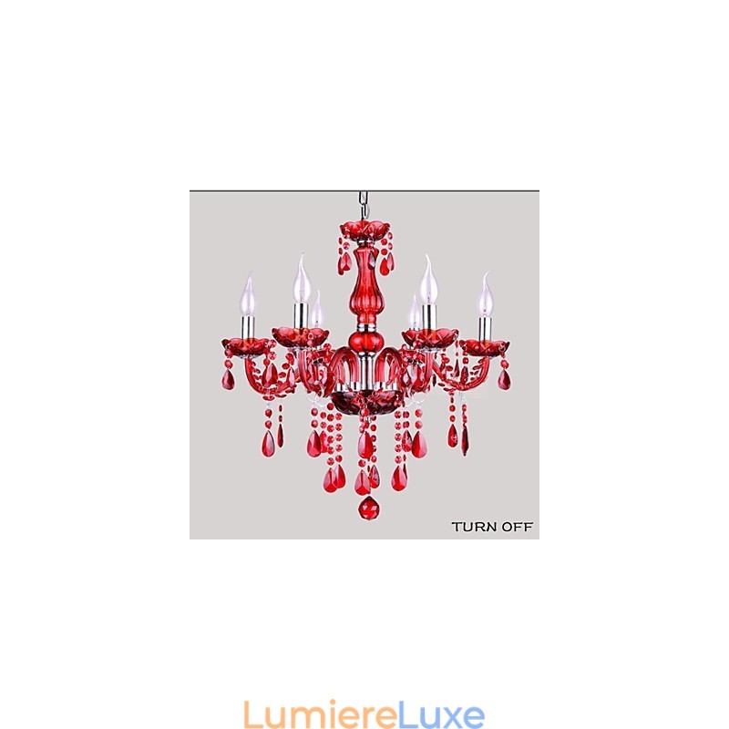Lustre en cristal rouge de luxe moderne à 6 lumières