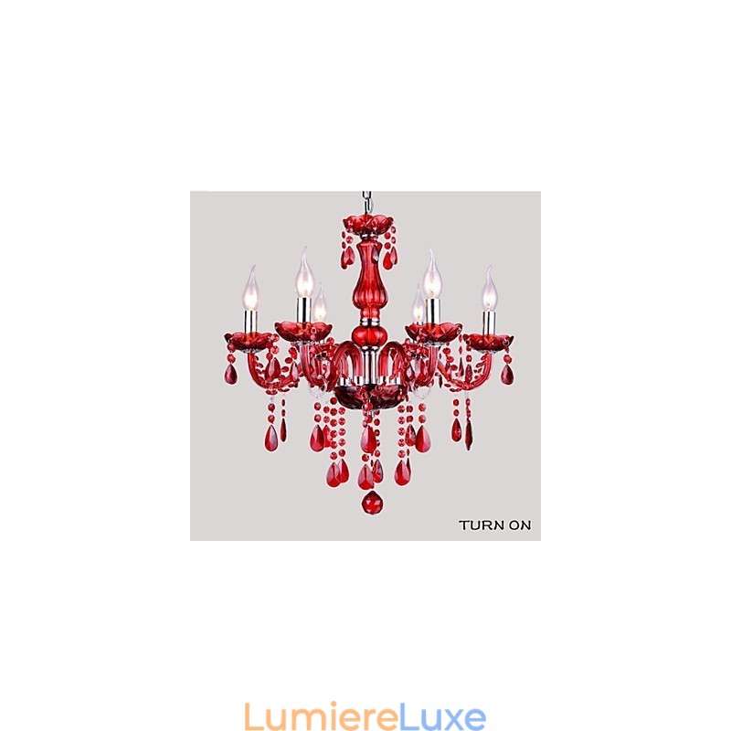 Lustre en cristal rouge de luxe moderne à 6 lumières