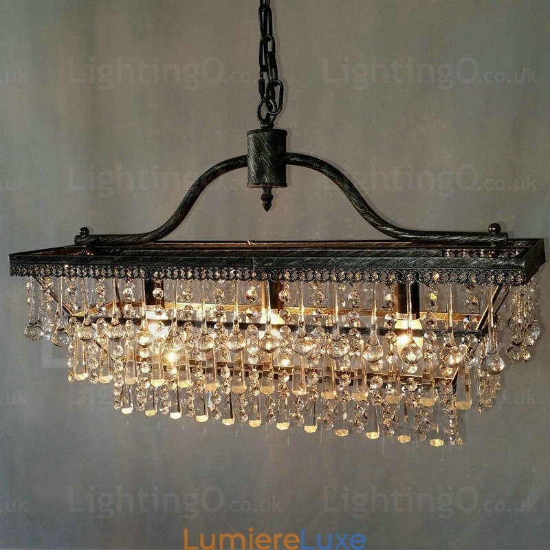 Lustre rectangulaire traditionnel classique en cristal et métal à 3 niveaux pour