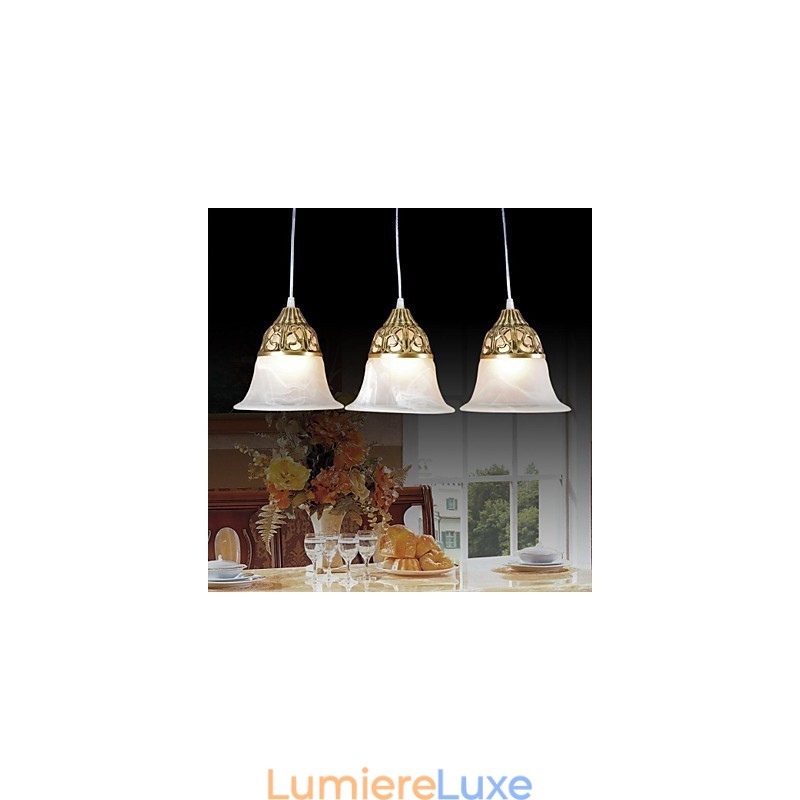 Suspension en bronze à trois lumières en verre moiré, style européen classique