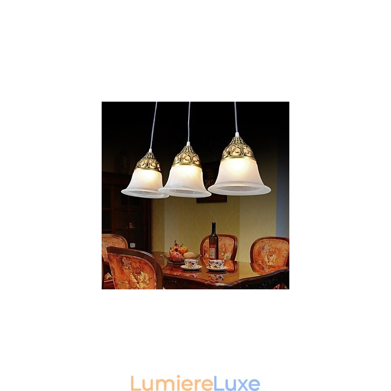 Suspension en bronze à trois lumières en verre moiré, style européen classique