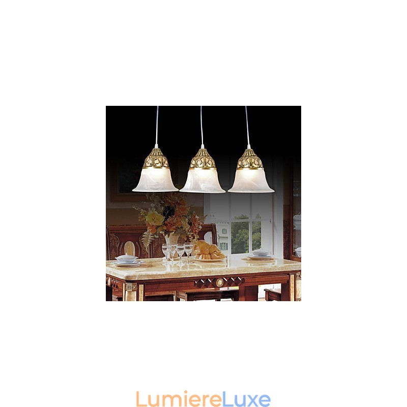 Suspension en bronze à trois lumières en verre moiré, style européen classique