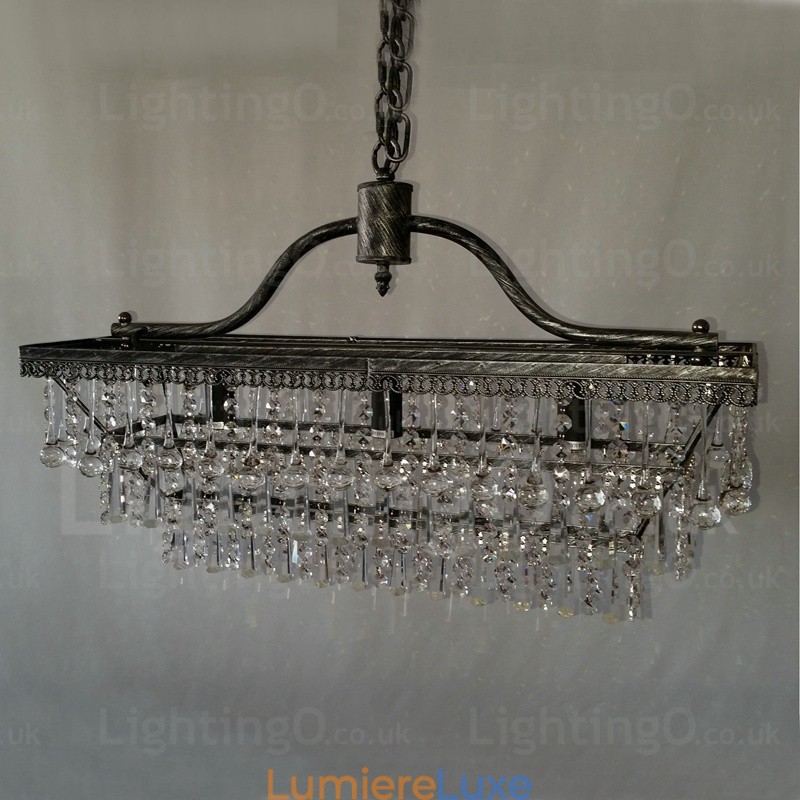 Lustre rectangulaire traditionnel classique en cristal et métal à 3 niveaux pour