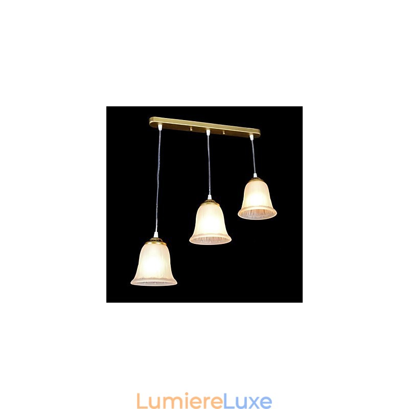 Suspension en bronze à trois lumières, abat-jour en verre, style rétro européen classique