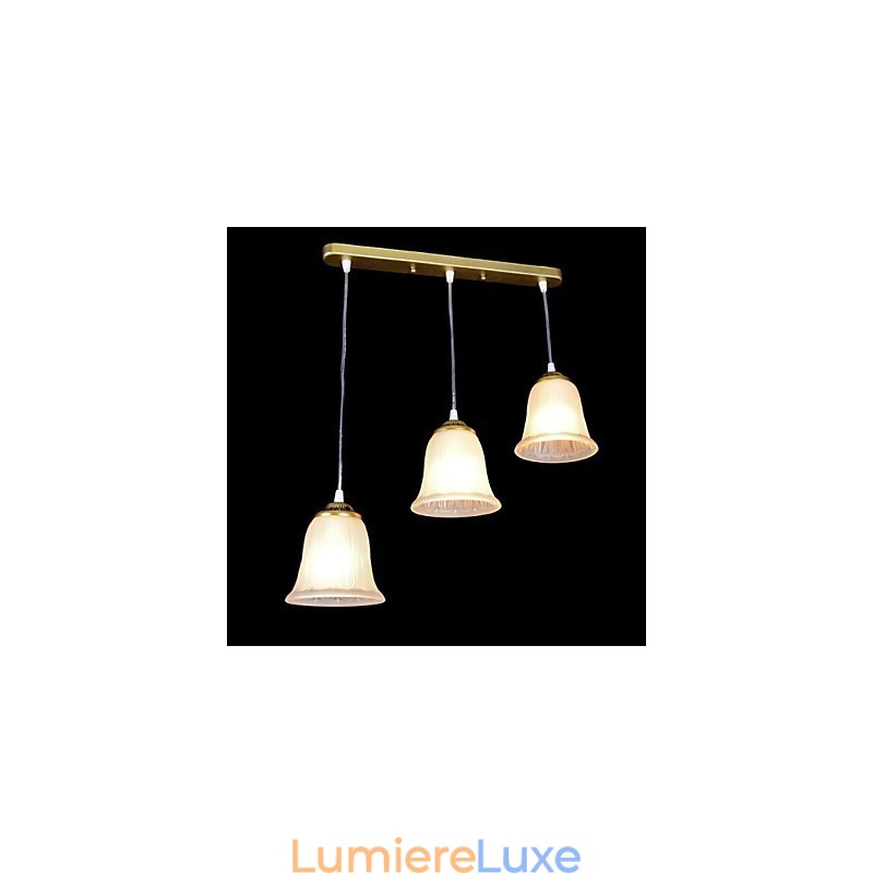 Suspension en bronze à trois lumières, abat-jour en verre, style rétro européen classique
