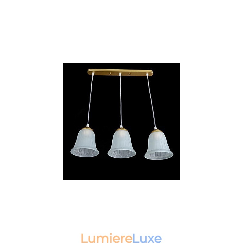 Suspension en bronze à trois lumières, abat-jour en verre, style rétro européen classique