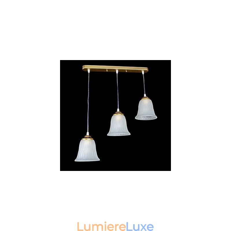 Suspension en bronze à trois lumières, abat-jour en verre, style rétro européen classique