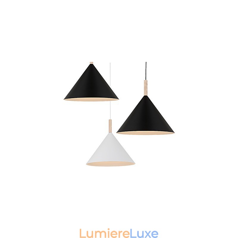 Mini suspension artistique en forme de cône, 1 lumière, finition moderne et simple, noir, blanc, aluminium et bois