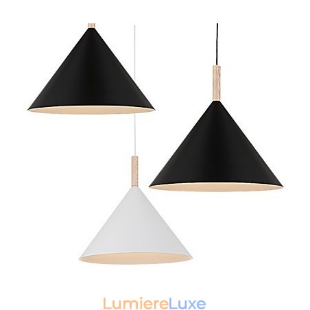 Mini suspension artistique en forme de cône, 1 lumière, finition moderne et simple, noir, blanc, aluminium et bois Mini suspension artistique en forme de cône, 1 lumière, finition moderne et simple, noir, blanc, aluminium et bois