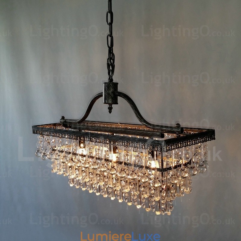 Lustre rectangulaire traditionnel classique en cristal et métal à 3 niveaux pour