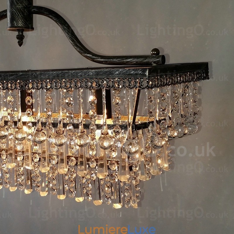 Lustre rectangulaire traditionnel classique en cristal et métal à 3 niveaux pour