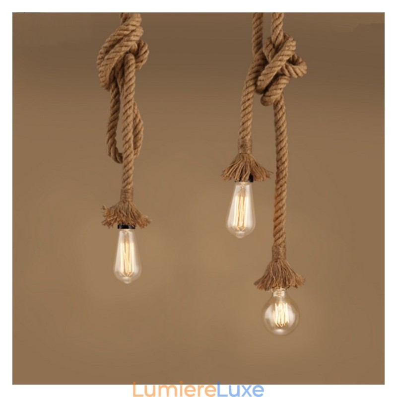 1 lustre créatif en corde de chanvre, 100 cm de long, avec 1 ampoule.