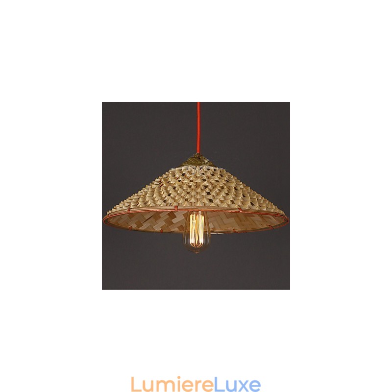 Lustre vintage en paille de ferme et bambou