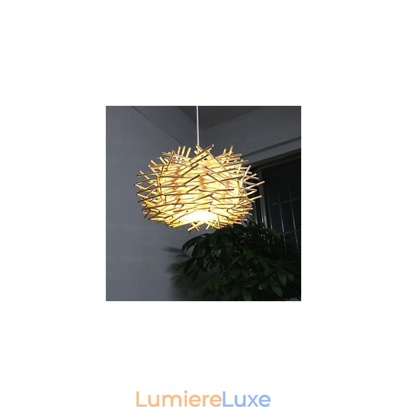 Plafonnier contemporain et contracté 1 lumière en bois tissé à la main