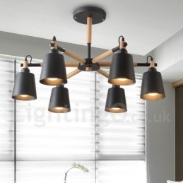 Lustre moderne contemporain en bois à 6 lumières