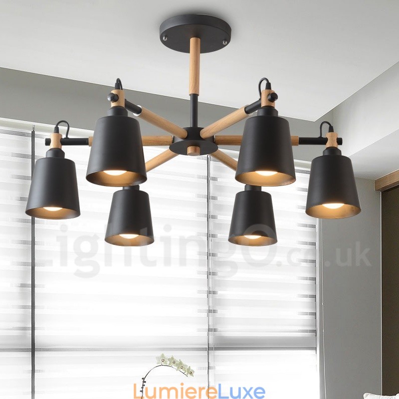 Lustre moderne contemporain en bois à 6 lumières