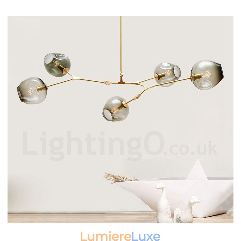 Lustre contemporain moderne à 5 lumières avec abat-jour en verre