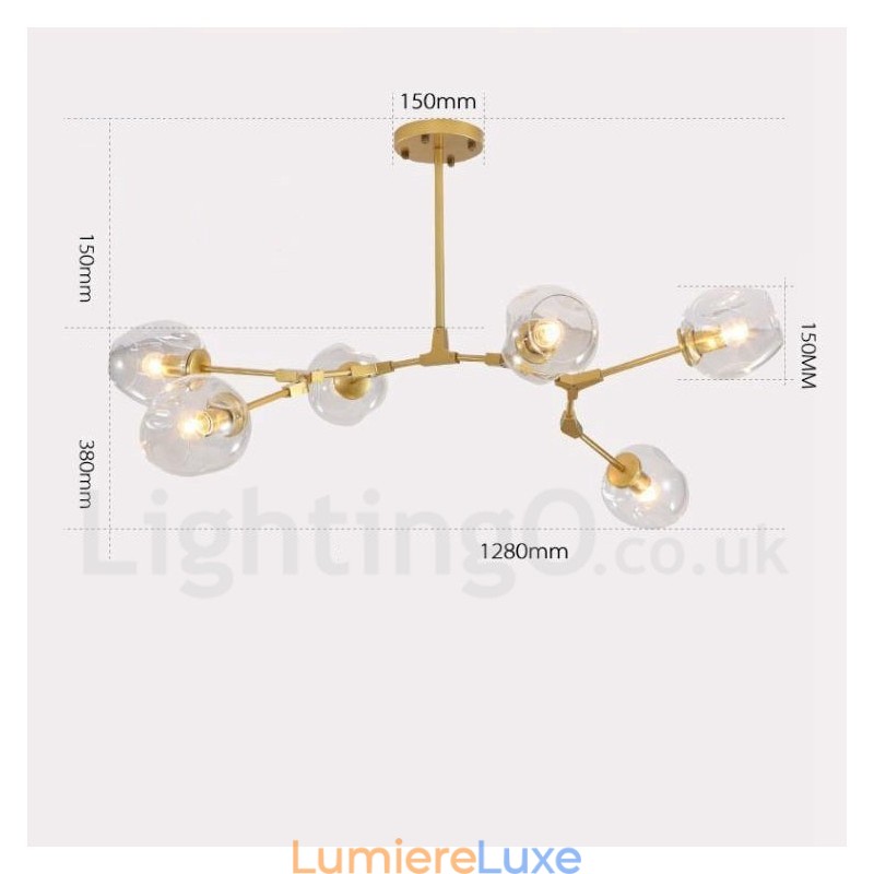 Lustre contemporain moderne à 6 lumières avec abat-jour en verre transparent et lumière