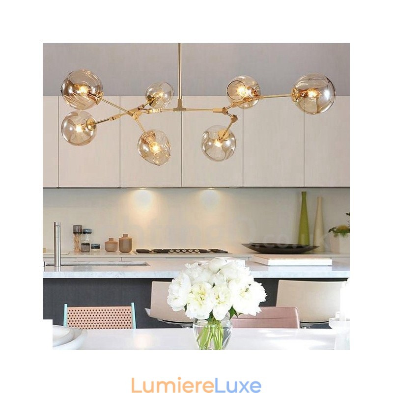 Lustre contemporain moderne à 7 lumières avec abat-jour en verre transparent et lampe