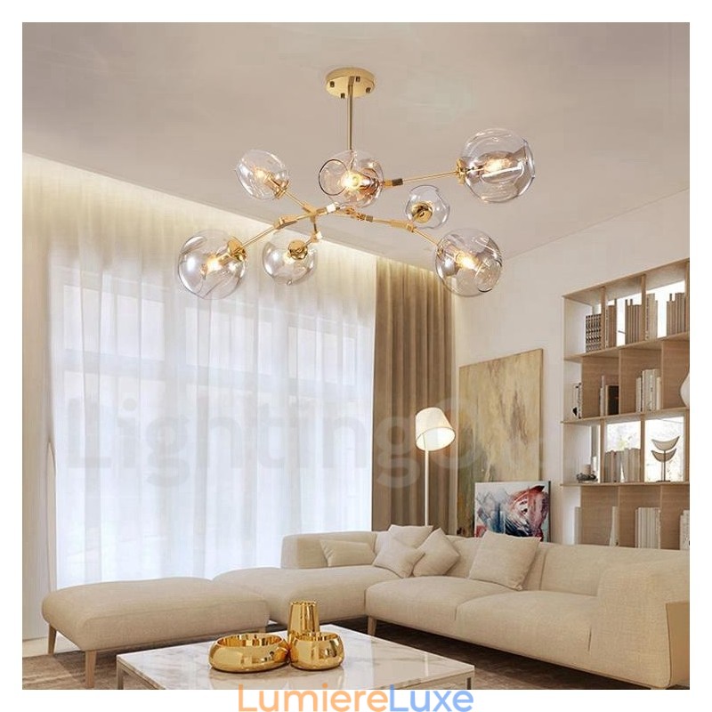 Lustre contemporain moderne à 7 lumières avec abat-jour en verre transparent et lampe