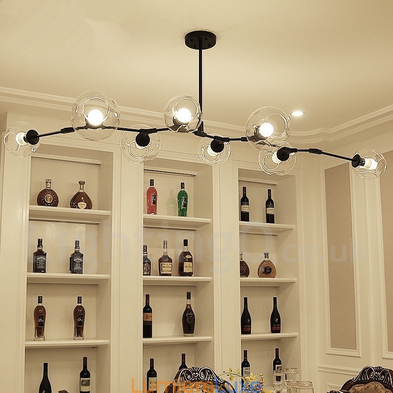 Lustre contemporain moderne à 8 lumières avec abat-jour en verre transparent et lampe (noir doré)