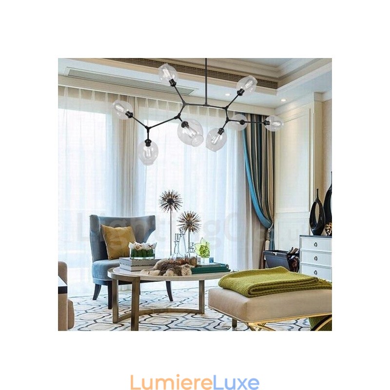 Lustre contemporain moderne à 8 lumières avec abat-jour en verre transparent et lampe (noir doré)