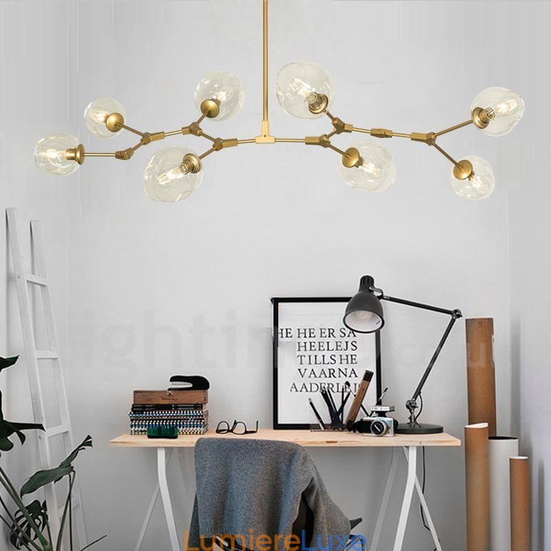 Lustre contemporain moderne à 8 lumières avec abat-jour en verre transparent et lampe (noir doré)