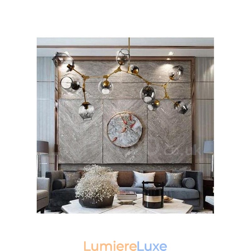 Lustre doré à 10 lumières avec abat-jour en verre, style contemporain moderne