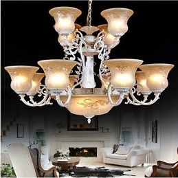 Lustre blanc à quinze lumières, abat-jour en verre doré à la main, style rétro européen classique