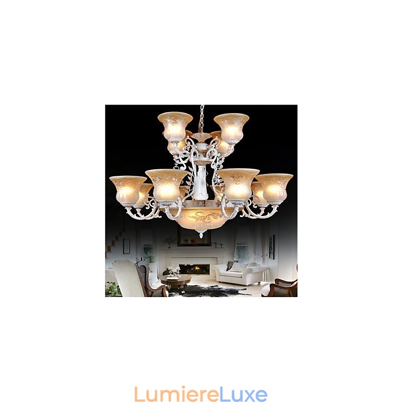 Lustre blanc à quinze lumières, abat-jour en verre doré à la main, style rétro européen classique