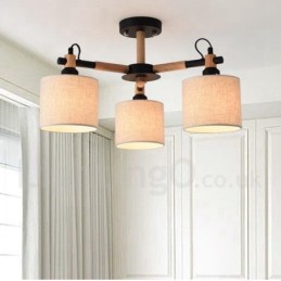 Lustre en bois contemporain moderne à 3 lumières à un seul niveau avec abat-jour en tissu tambour et