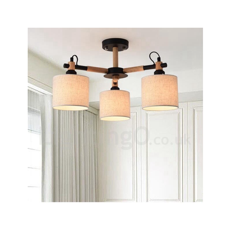Lustre en bois contemporain moderne à 3 lumières à un seul niveau avec abat-jour en tissu tambour et