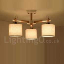 Lustre en bois contemporain moderne à 3 lumières à un seul niveau avec abat-jour en tissu tambour et