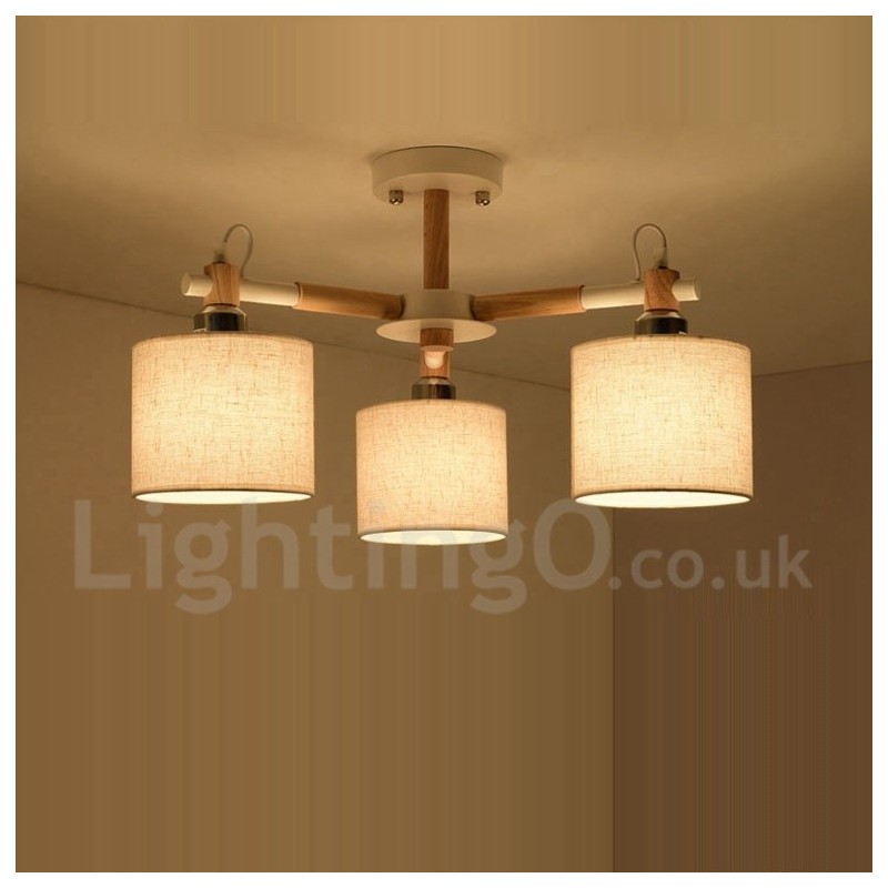 Lustre en bois contemporain moderne à 3 lumières à un seul niveau avec abat-jour en tissu tambour et